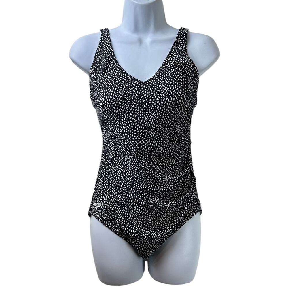 Speedo Side Ruched Black White One Piece Swimsuit Size 10